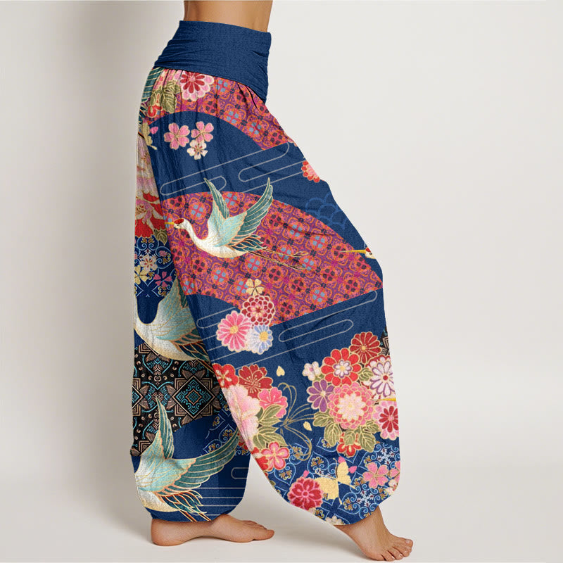 Buddha Stones Kranich Blumenmuster Damen Haremshose mit elastischer Taille - image 10