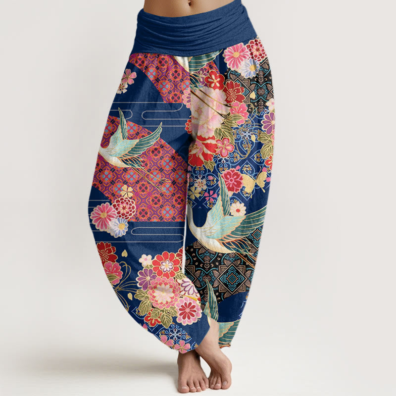 Buddha Stones Kranich Blumenmuster Damen Haremshose mit elastischer Taille - Stahlblau - US22， UK/AU26，EU54 (6XL) - image 8