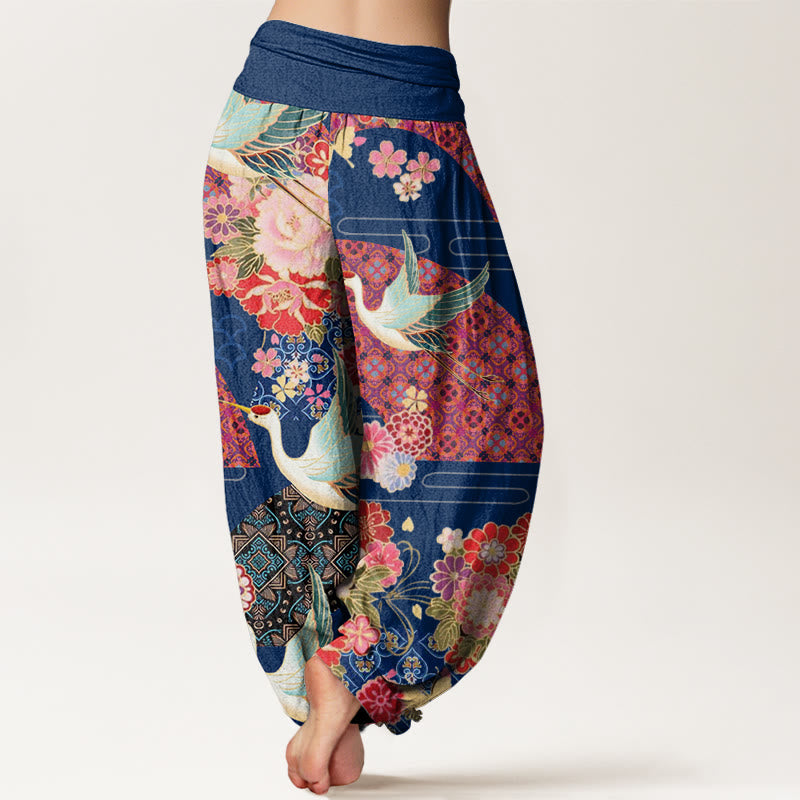 Buddha Stones Kranich Blumenmuster Damen Haremshose mit elastischer Taille - image 9