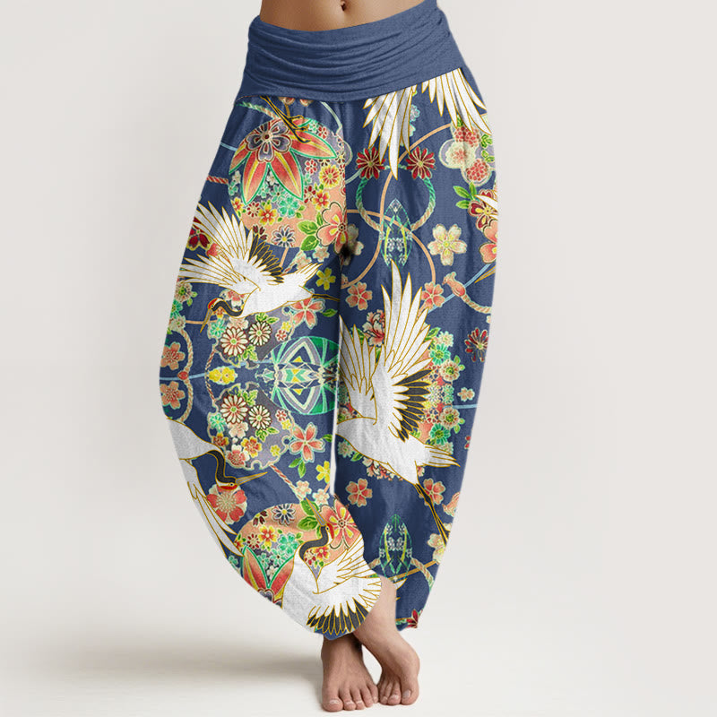 Buddha Stones Lässige Haremshose für Damen mit Kranich-Blumenmuster und geometrischem Muster, elastischer Bund - Königsblau - US22， UK/AU26，EU54 (6XL) - image 1