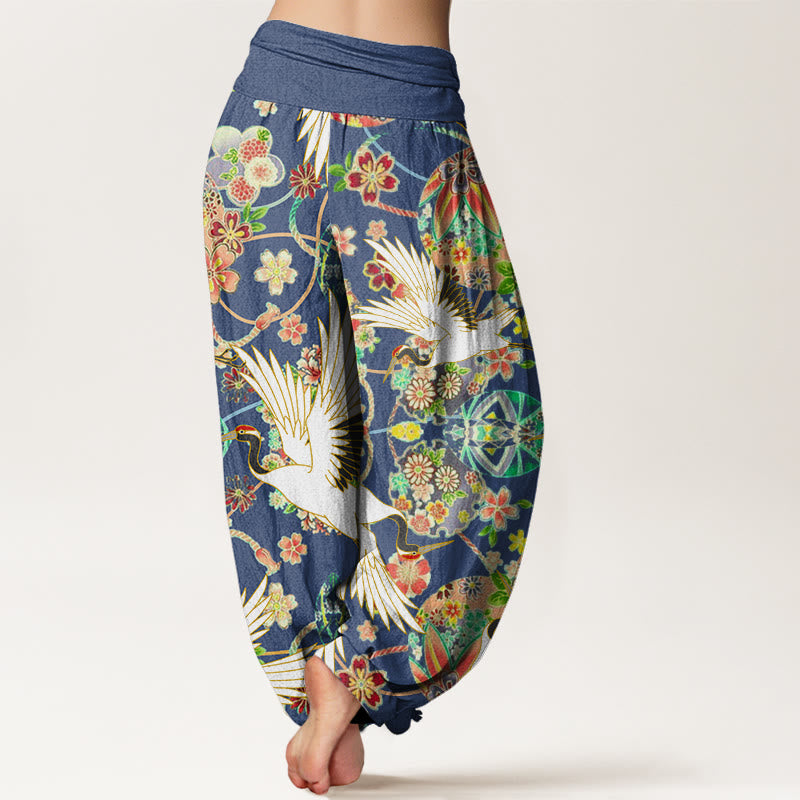 Buddha Stones Baumwoll-Haremshose mit Kranich-, Blumen- und geometrischem Muster sowie elastischem Bund für Damen - image 1