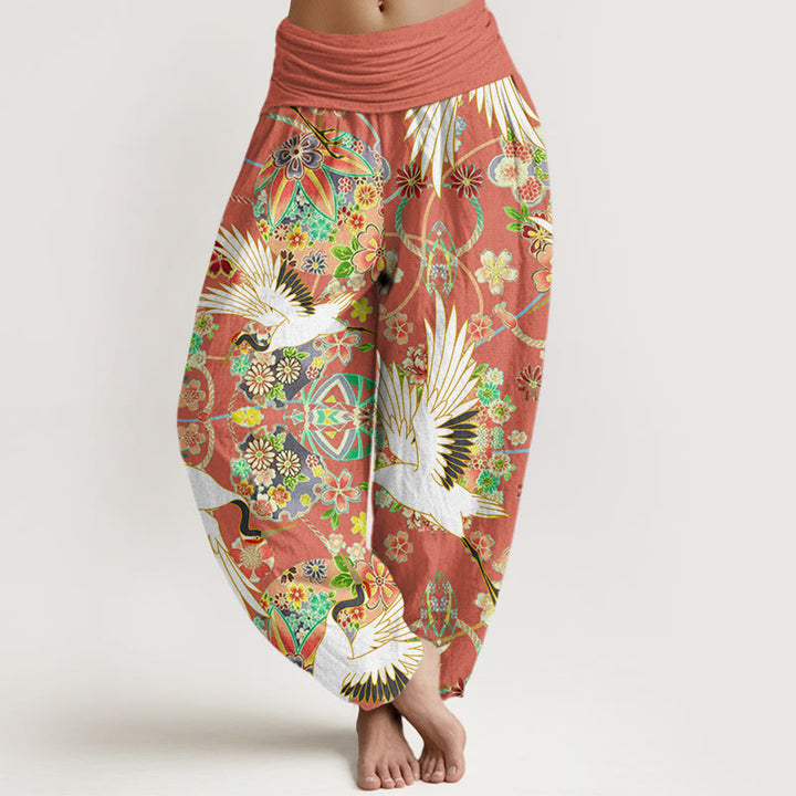 Buddha Stones Lässige Haremshose für Damen mit Kranich-Blumenmuster und geometrischem Muster, elastischer Bund - DunkelOrange - US22， UK/AU26，EU54 (6XL) - image 5
