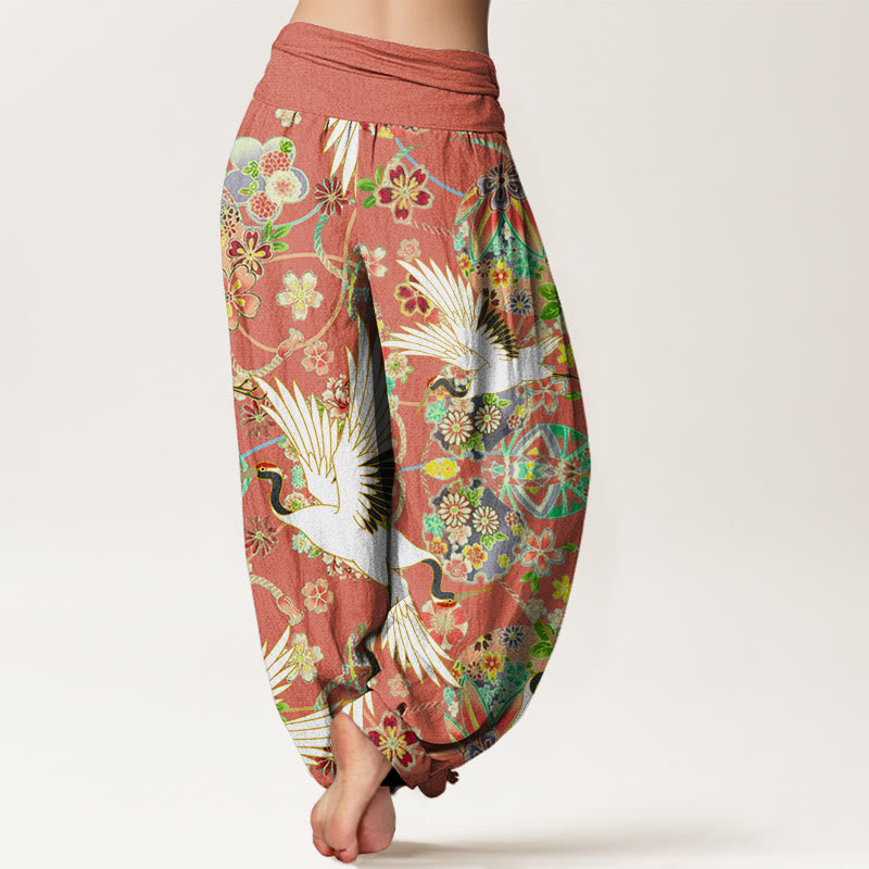 Buddha Stones Lässige Haremshose für Damen mit Kranich-Blumenmuster und geometrischem Muster, elastischer Bund - image 6