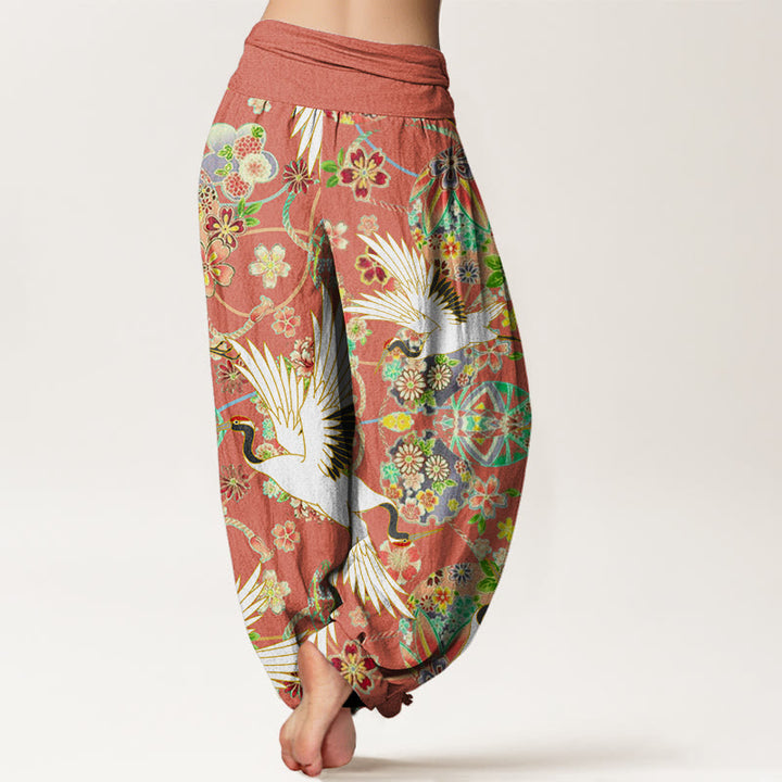 Buddha Stones Lässige Haremshose für Damen mit Kranich-Blumenmuster und geometrischem Muster, elastischer Bund - image 6