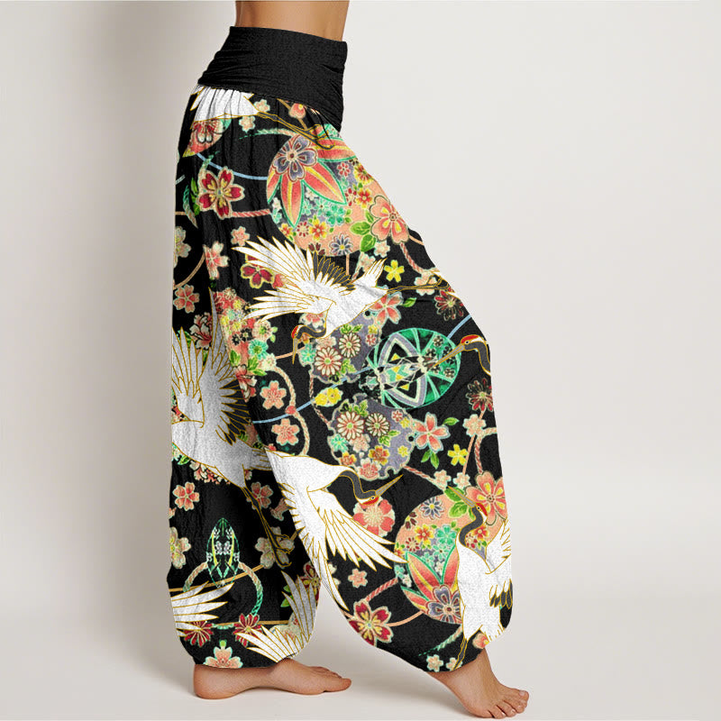 Buddha Stones Lässige Haremshose für Damen mit Kranich-Blumenmuster und geometrischem Muster, elastischer Bund - image 10
