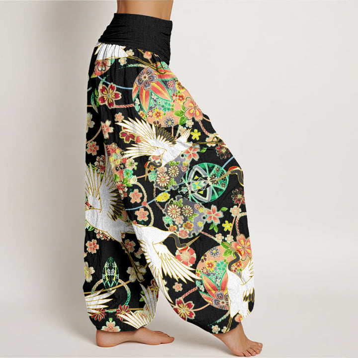 Buddha Stones Lässige Haremshose für Damen mit Kranich-Blumenmuster und geometrischem Muster, elastischer Bund - image 10