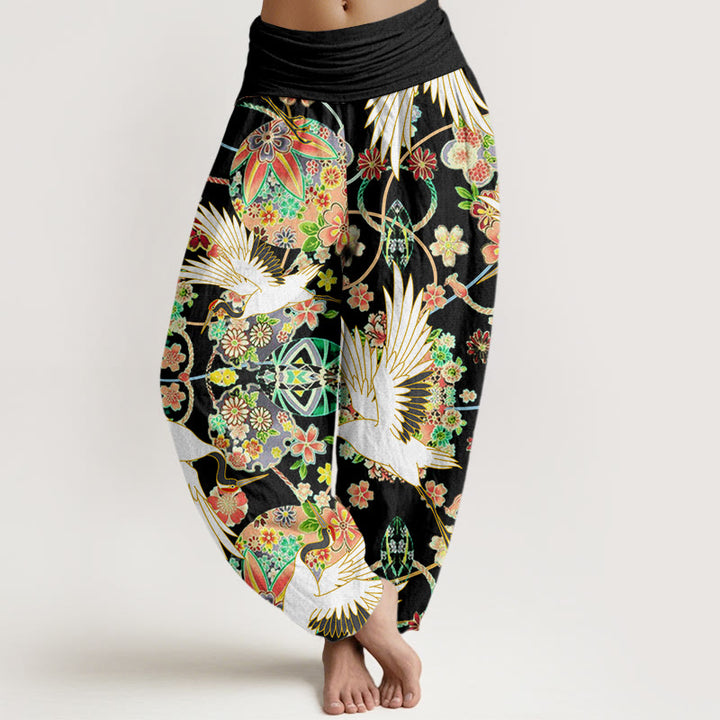 Buddha Stones Lässige Haremshose für Damen mit Kranich-Blumenmuster und geometrischem Muster, elastischer Bund - Schwarz - US22， UK/AU26，EU54 (6XL) - image 8