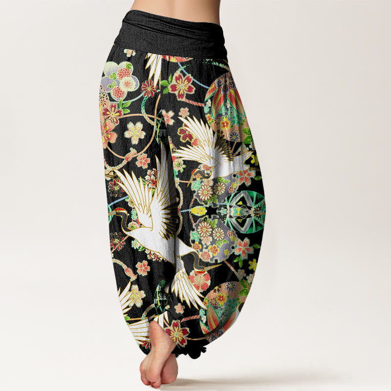 Buddha Stones Lässige Haremshose für Damen mit Kranich-Blumenmuster und geometrischem Muster, elastischer Bund - image 9