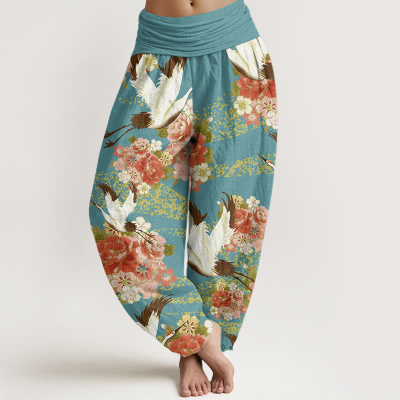 Buddha Stones Lässige Haremshose für Damen mit Kranich-Pfingstrosen-Kirschblüten-Muster und elastischer Taille - Mitteltürkis - US22， UK/AU26，EU54 (6XL) - image 1