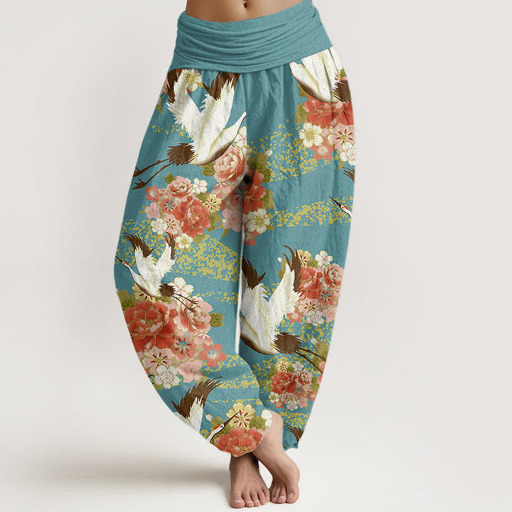 Buddha Stones Lässige Haremshose für Damen mit Kranich-Pfingstrosen-Kirschblüten-Muster und elastischer Taille - Mitteltürkis - US22， UK/AU26，EU54 (6XL) - image 1
