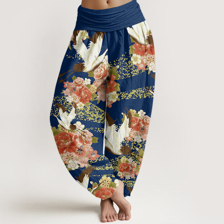 Buddha Stones Lässige Haremshose für Damen mit Kranich-Pfingstrosen-Kirschblüten-Muster und elastischer Taille - Dunkelblau - US22， UK/AU26，EU54 (6XL) - image 5