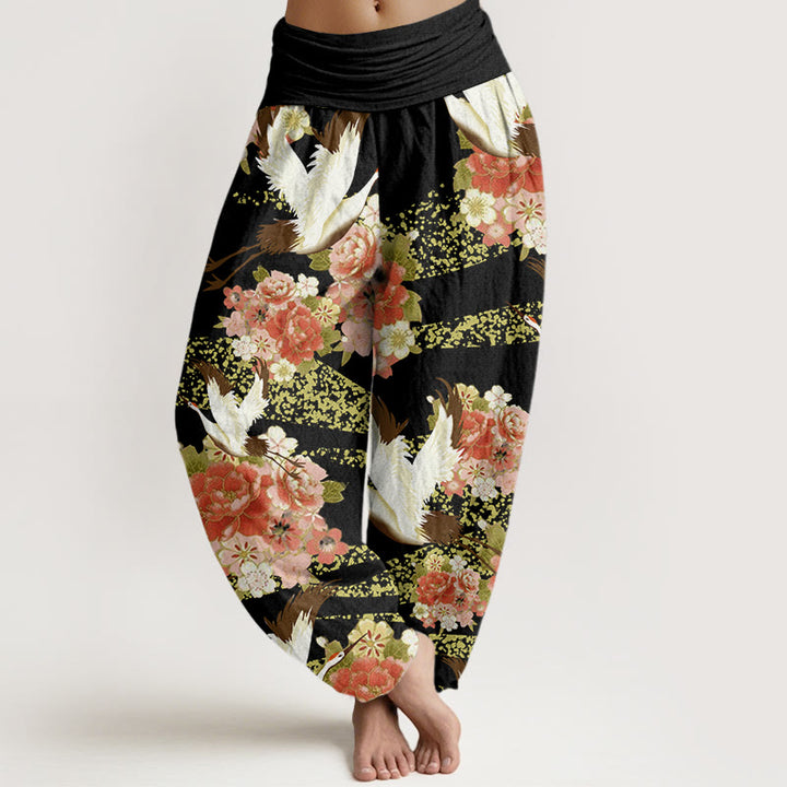 Buddha Stones Lässige Haremshose für Damen mit Kranich-Pfingstrosen-Kirschblüten-Muster und elastischer Taille - Schwarz - US22， UK/AU26，EU54 (6XL) - image 8