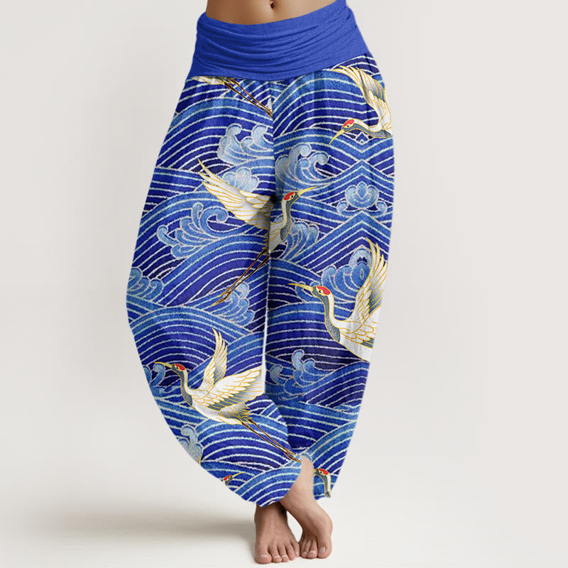 Buddha Stones Lässige Haremshose für Damen mit Kranich-Ozeanwellen-Muster und elastischer Taille - Schieferblau - US22， UK/AU26，EU54 (6XL) - image 1