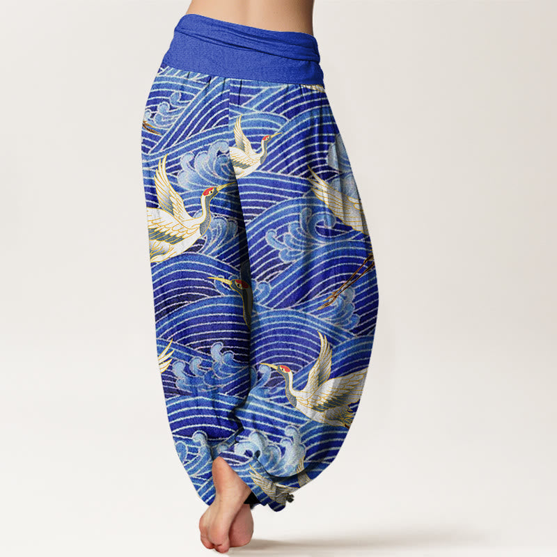 Buddha Stones Lässige Haremshose für Damen mit Kranich-Ozeanwellen-Muster und elastischer Taille - image 2
