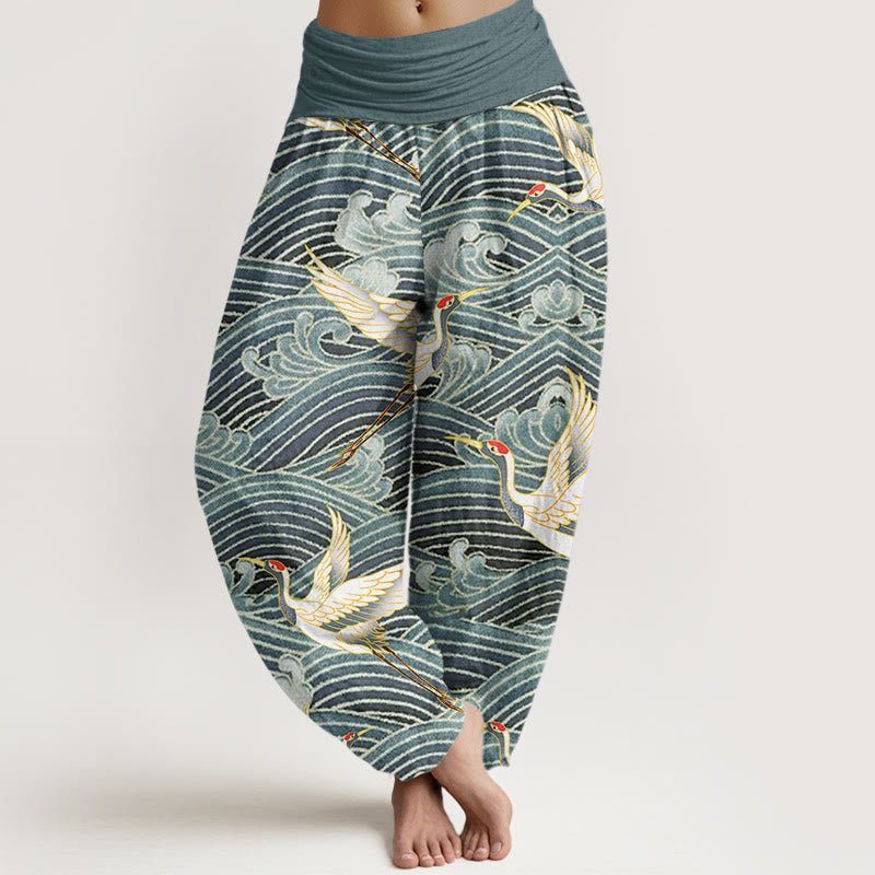 Buddha Stones Lässige Haremshose für Damen mit Kranich-Ozeanwellen-Muster und elastischer Taille - CadetBlue - US22， UK/AU26，EU54 (6XL) - image 5