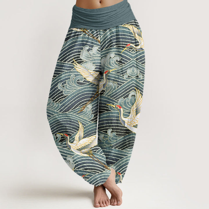 Buddha Stones Lässige Haremshose für Damen mit Kranich-Ozeanwellen-Muster und elastischer Taille - CadetBlue - US22， UK/AU26，EU54 (6XL) - image 5