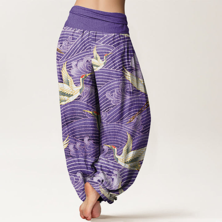 Buddha Stones Lässige Haremshose für Damen mit Kranich-Ozeanwellen-Muster und elastischer Taille - image 9