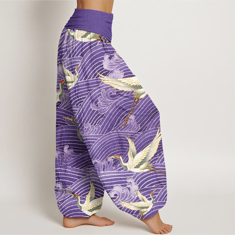 Buddha Stones Lässige Haremshose für Damen mit Kranich-Ozeanwellen-Muster und elastischer Taille - image 10