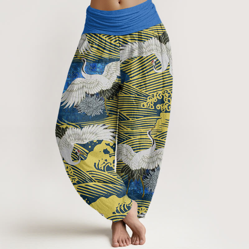 Buddha Stones Casual Crane Ocean Waves Chrysanthemum Pattern Damen Haremshose mit elastischer Taille - DodgerBlue - US22， UK/AU26，EU54 (6XL) - image 1