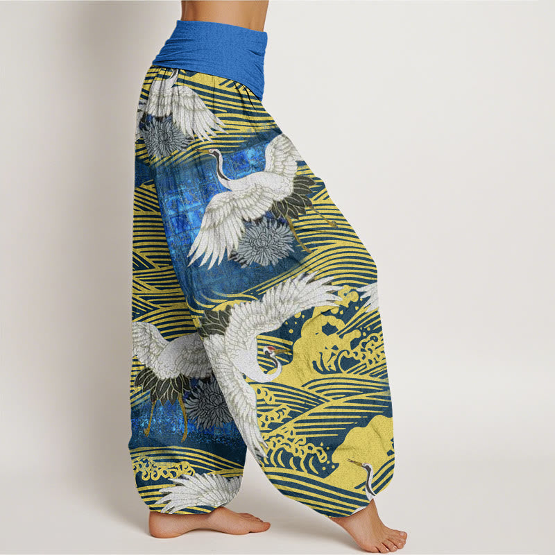 Buddha Stones Casual Crane Ocean Waves Chrysanthemum Pattern Damen Haremshose mit elastischer Taille - image 3