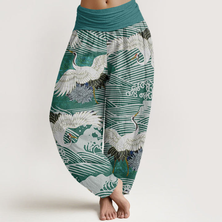 Buddha Stones Casual Crane Ocean Waves Chrysanthemum Pattern Damen Haremshose mit elastischer Taille - HellMeerGrün - US22， UK/AU26，EU54 (6XL) - image 5