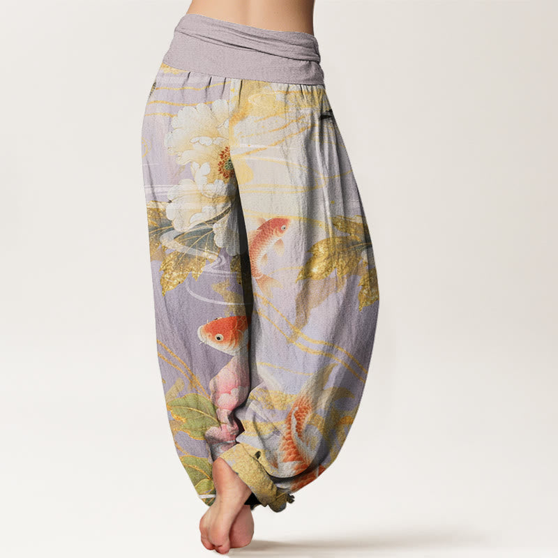 Lässige Haremshose mit elastischer Taille und Buddha Stones, Pfingstrose, Koi-Fisch und goldenem Blättermuster für Damen - image 2