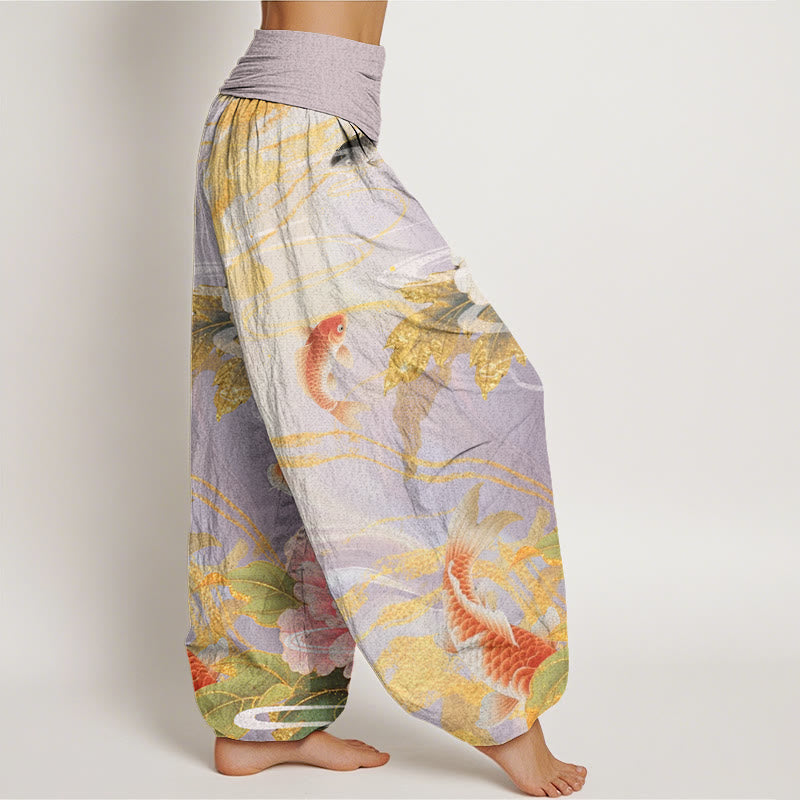 Lässige Haremshose mit elastischer Taille und Buddha Stones, Pfingstrose, Koi-Fisch und goldenem Blättermuster für Damen - image 3