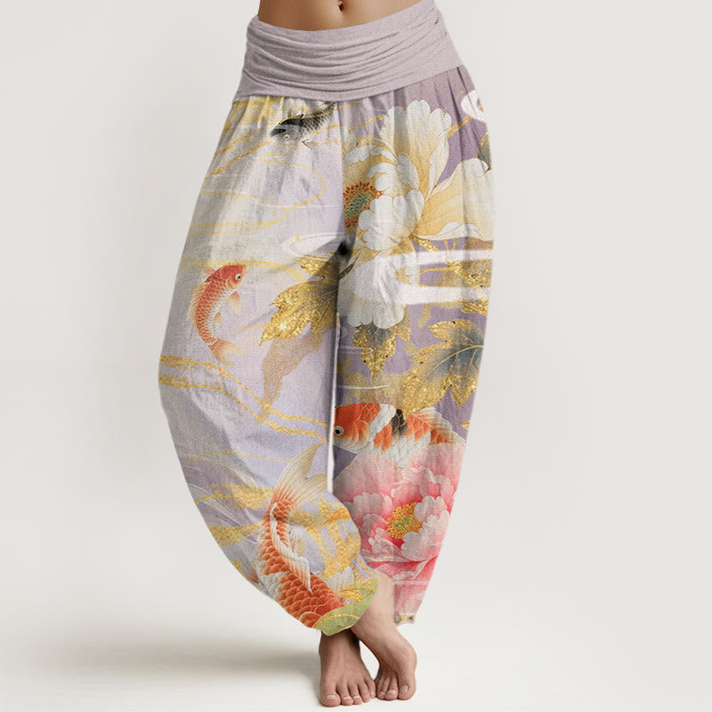 Lässige Haremshose mit elastischer Taille und Buddha Stones, Pfingstrose, Koi-Fisch und goldenem Blättermuster für Damen - Distel - US22， UK/AU26，EU54 (6XL) - image 1
