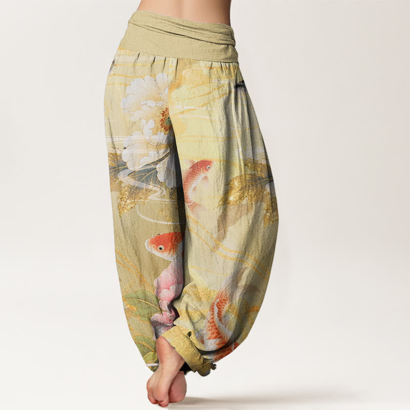 Lässige Haremshose mit elastischer Taille und Buddha Stones, Pfingstrose, Koi-Fisch und goldenem Blättermuster für Damen - image 6