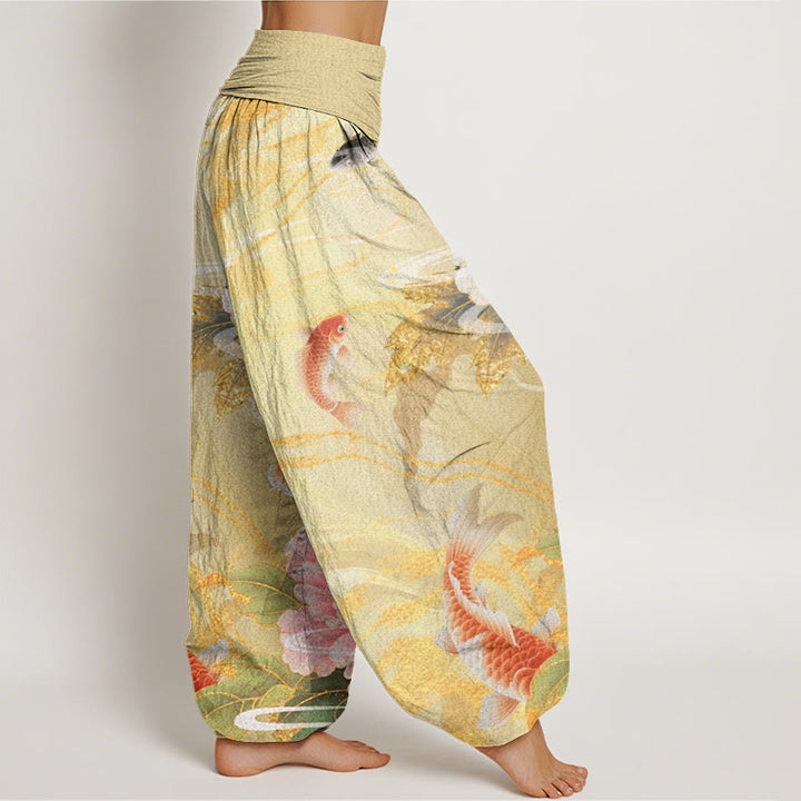 Lässige Haremshose mit elastischer Taille und Buddha Stones, Pfingstrose, Koi-Fisch und goldenem Blättermuster für Damen - image 7