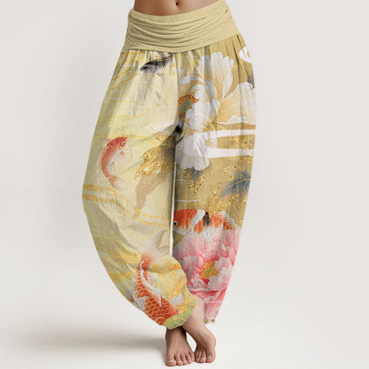 Lässige Haremshose mit elastischer Taille und Buddha Stones, Pfingstrose, Koi-Fisch und goldenem Blättermuster für Damen - Khaki - US22， UK/AU26，EU54 (6XL) - image 5