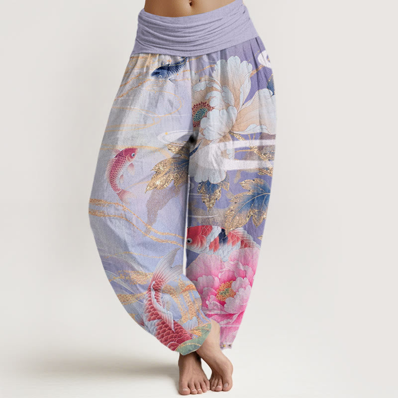 Lässige Haremshose mit elastischer Taille und Buddha Stones, Pfingstrose, Koi-Fisch und goldenem Blättermuster für Damen - Pflaume - US22， UK/AU26，EU54 (6XL) - image 8