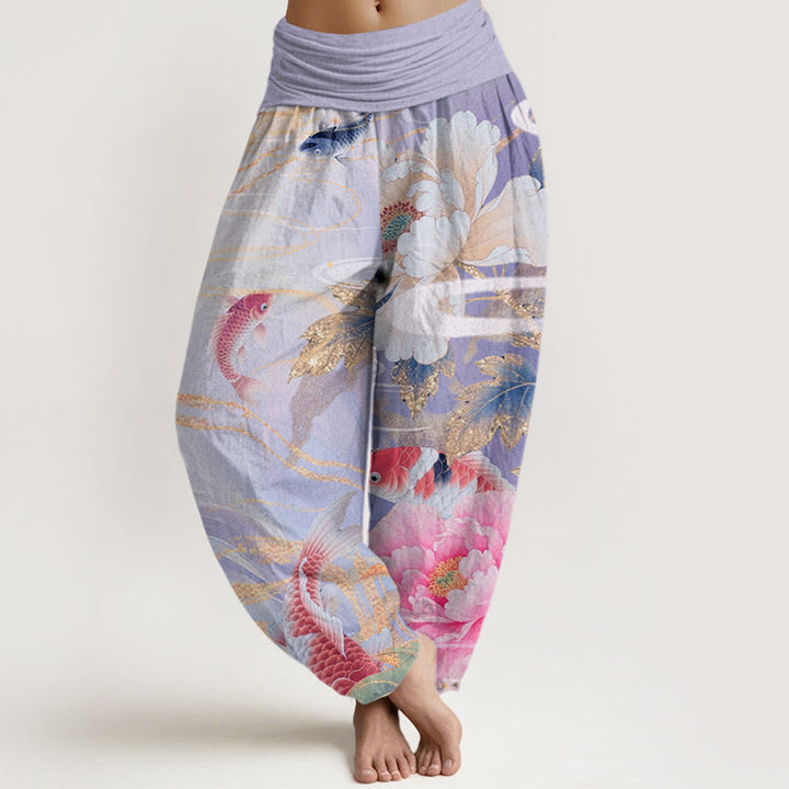 Lässige Haremshose mit elastischer Taille und Buddha Stones, Pfingstrose, Koi-Fisch und goldenem Blättermuster für Damen - Pflaume - US22， UK/AU26，EU54 (6XL) - image 8