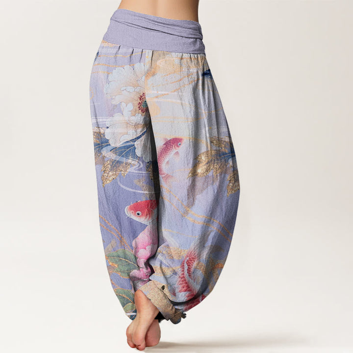 Lässige Haremshose mit elastischer Taille und Buddha Stones, Pfingstrose, Koi-Fisch und goldenem Blättermuster für Damen - image 9
