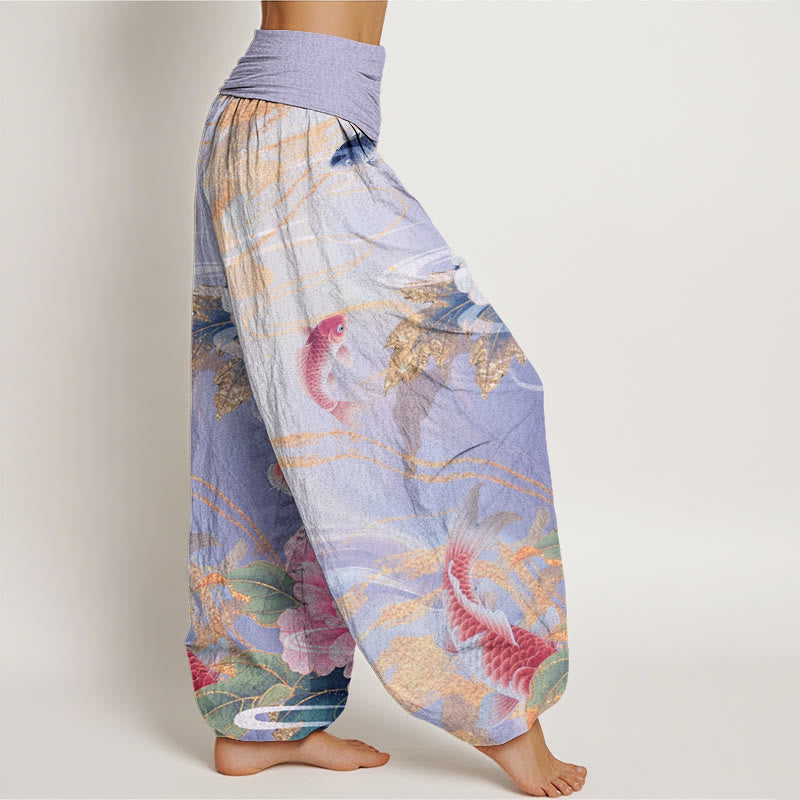 Lässige Haremshose mit elastischer Taille und Buddha Stones, Pfingstrose, Koi-Fisch und goldenem Blättermuster für Damen - image 10