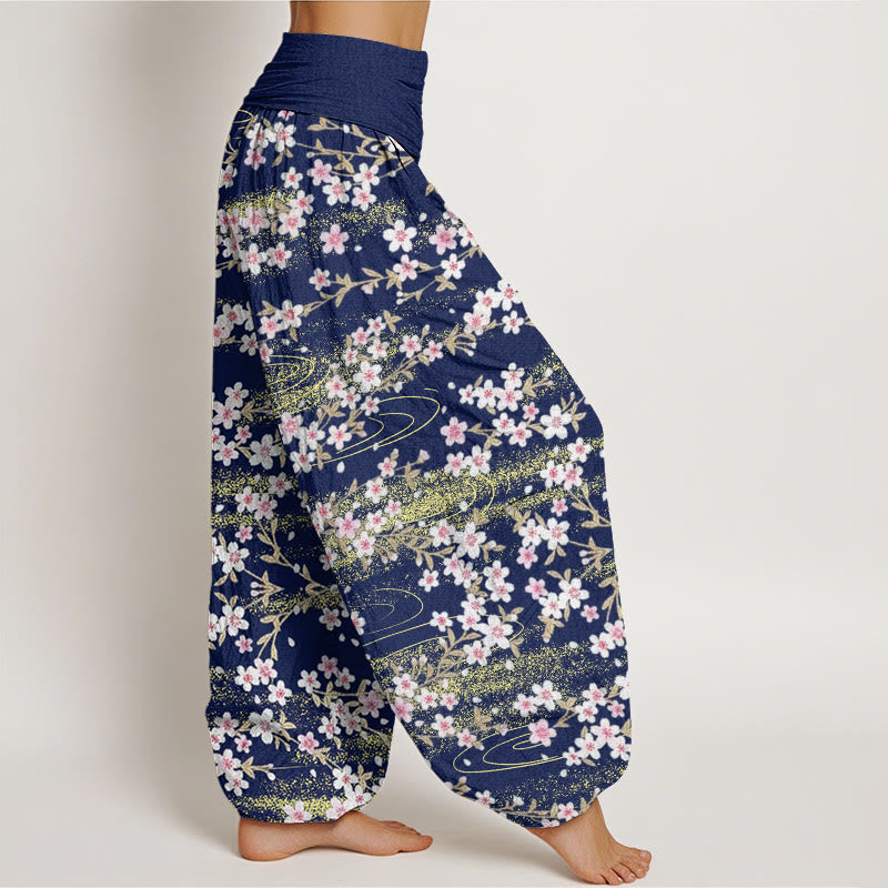 Buddha Stones Lässige Haremshose mit Kirschblüten-Wassermuster für Damen, elastische Taille - image 3