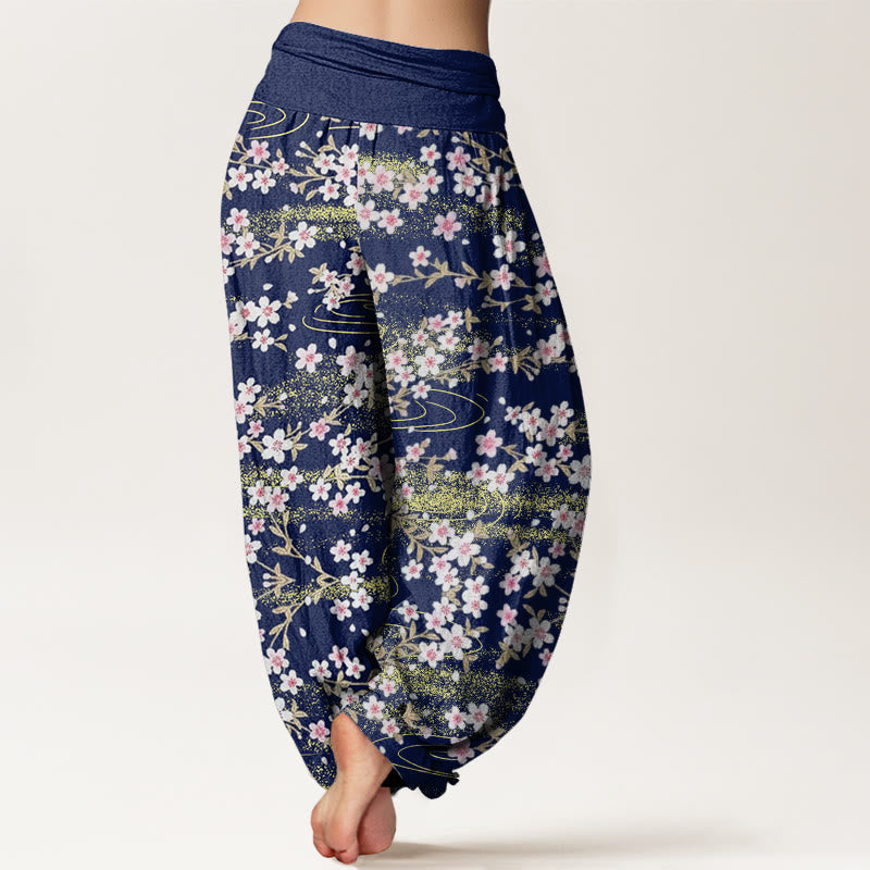 Buddha Stones Lässige Haremshose mit Kirschblüten-Wassermuster für Damen, elastische Taille - image 2