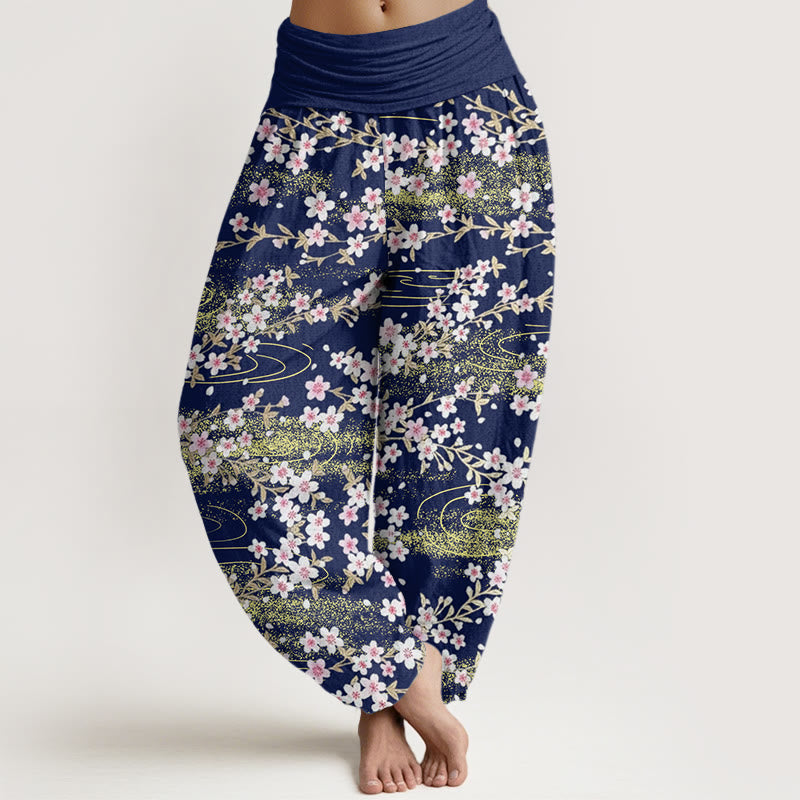 Buddha Stones Lässige Haremshose mit Kirschblüten-Wassermuster für Damen, elastische Taille - Mitternachtsblau - US22， UK/AU26，EU54 (6XL) - image 1