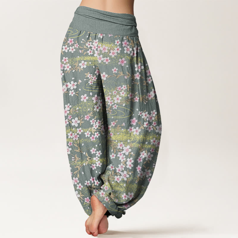 Buddha Stones Lässige Haremshose mit Kirschblüten-Wassermuster für Damen, elastische Taille - image 6