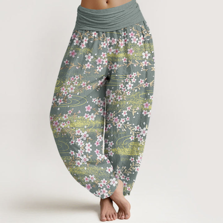 Buddha Stones Lässige Haremshose mit Kirschblüten-Wassermuster für Damen, elastische Taille - MittelAquamarin - US22， UK/AU26，EU54 (6XL) - image 5