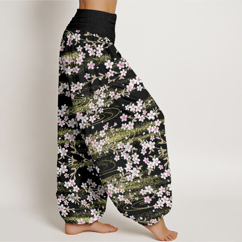Buddha Stones Lässige Haremshose mit Kirschblüten-Wassermuster für Damen, elastische Taille - image 10