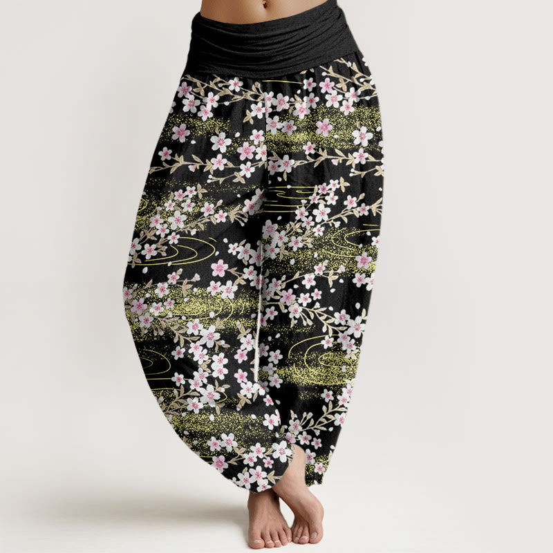 Buddha Stones Lässige Haremshose mit Kirschblüten-Wassermuster für Damen, elastische Taille - Schwarz - US22， UK/AU26，EU54 (6XL) - image 8
