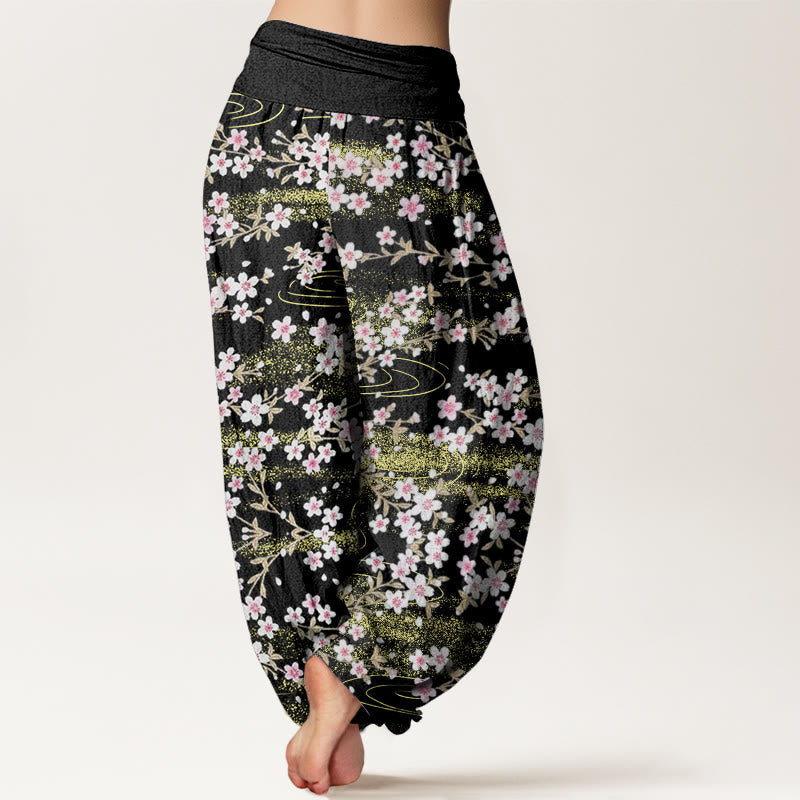 Buddha Stones Lässige Haremshose mit Kirschblüten-Wassermuster für Damen, elastische Taille - image 9
