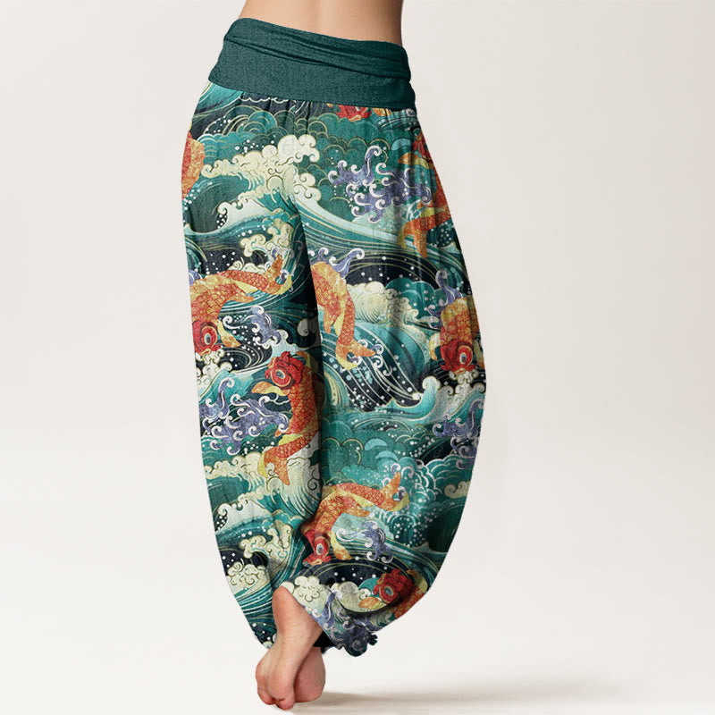 Buddha Stones Lässige Haremshose mit Koi-Fisch-Ozeanwellen-Muster für Damen, elastische Taille - image 2