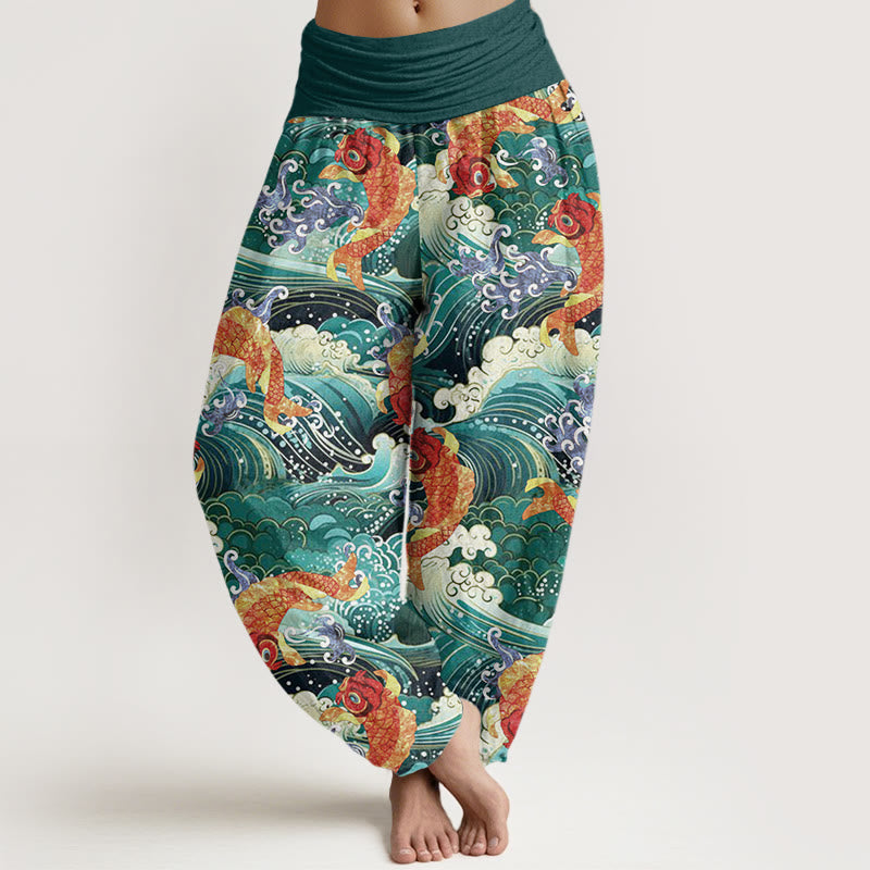 Buddha Stones Lässige Haremshose mit Koi-Fisch-Ozeanwellen-Muster für Damen, elastische Taille - Blaugrün - US22， UK/AU26，EU54 (6XL) - image 1