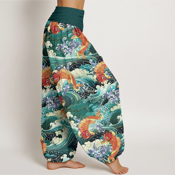 Buddha Stones Lässige Haremshose mit Koi-Fisch-Ozeanwellen-Muster für Damen, elastische Taille - image 3