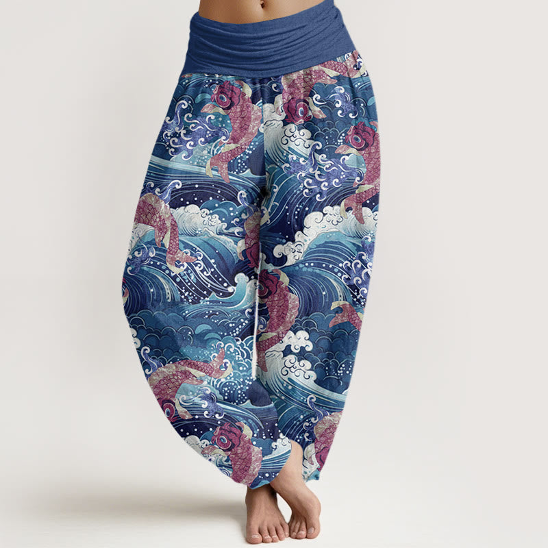 Buddha Stones Lässige Haremshose mit Koi-Fisch-Ozeanwellen-Muster für Damen, elastische Taille - Dunkelblau - US22， UK/AU26，EU54 (6XL) - image 5