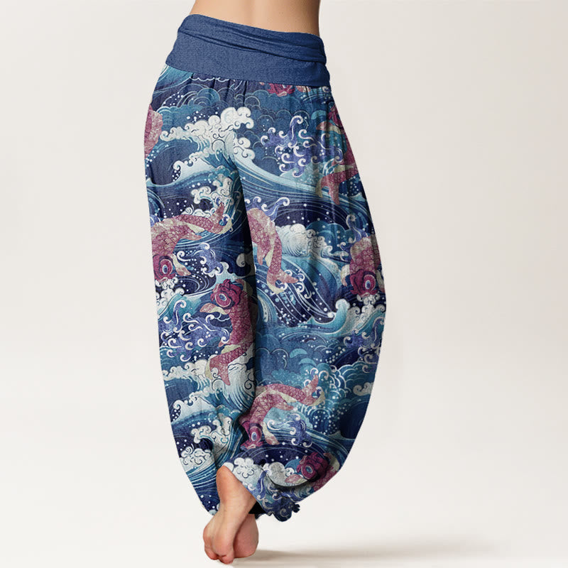 Buddha Stones Lässige Haremshose mit Koi-Fisch-Ozeanwellen-Muster für Damen, elastische Taille - image 6