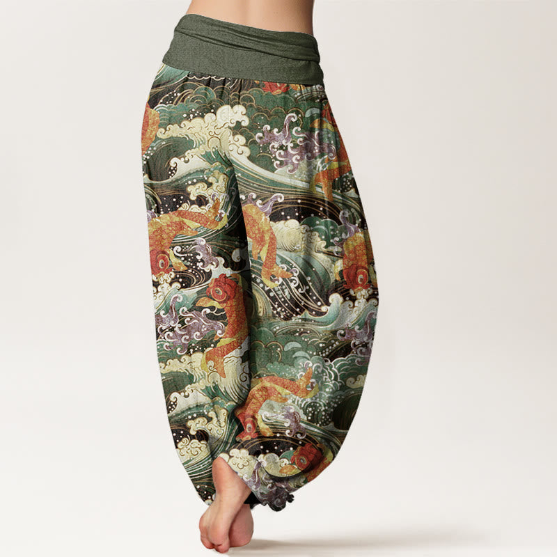 Buddha Stones Lässige Haremshose mit Koi-Fisch-Ozeanwellen-Muster für Damen, elastische Taille - image 9