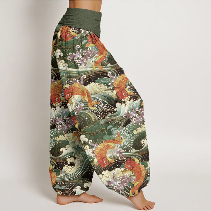 Buddha Stones Lässige Haremshose mit Koi-Fisch-Ozeanwellen-Muster für Damen, elastische Taille - image 10